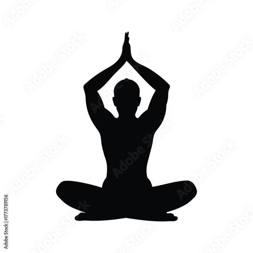 Silhouette of a person in lotus position meditating with hands above head, yoga pose under palm tree silhouette vector illustration