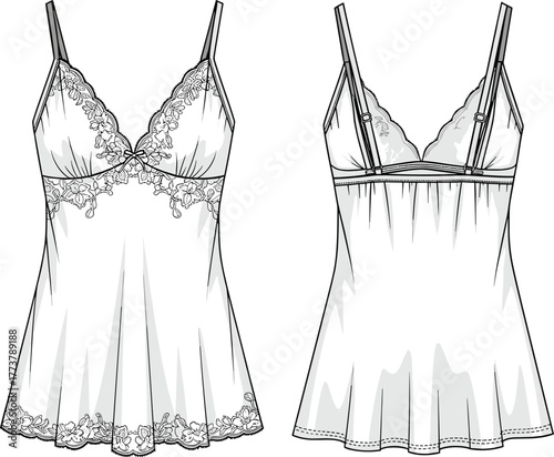 Women’s lace lingerie babydoll and bra technical drawing front and back view, intimate apparel fashion sketch, garment flat illustration, lace detail