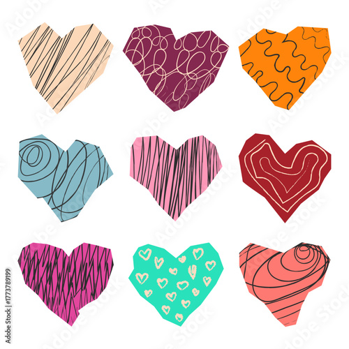 Roughly cut hearts from colored paper. Paper design elements for collage and scrapbooking. Angular hearts with jagged edges and chalk strokes texture. Vector illustration on white background