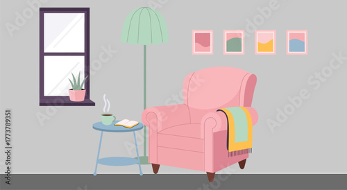 Comfortable reading nook with a chair, lamp, and window. Hygge concept home interior scene vector illustration