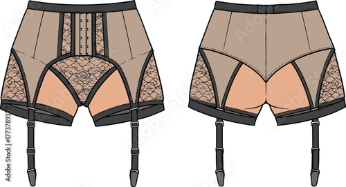 High waisted garter shorts technical flat sketch, lingerie fashion design with lace panels, hook and eye closure, straps illustration