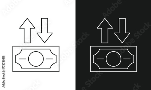 Cash Flow and Money Transfer Icon with Banknote and Arrows for Deposits, Withdrawals, and Currency Exchange.