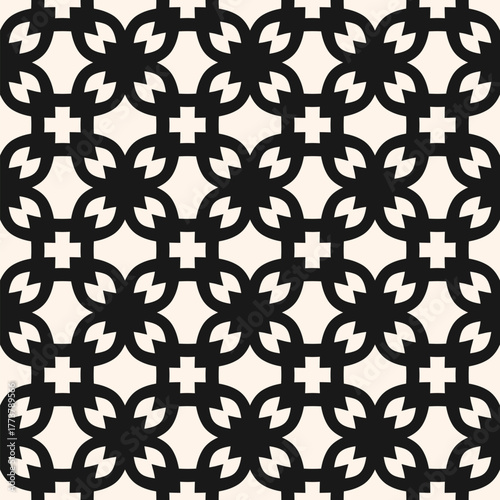 Abstract vector geometric ornament. Simple black and white seamless pattern with mosaic floral elements, crosses, leaves, grid, lattice. Elegant repeat background texture with gothic mediaeval motifs