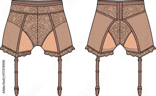Vintage lace garter belt technical drawing front and back view, lingerie fashion sketch, intimate apparel design, garment flat illustration, lace detail