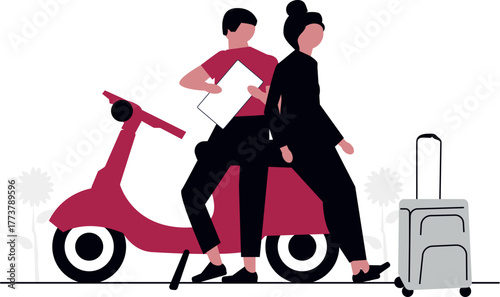 Stylized illustration of a person embarking on a journey featuring travel elements and a sense of adventure