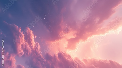 Dreamy pink and purple clouds drift across a twilight sky dusted with shimmering stars, evoking serenity and wonder.