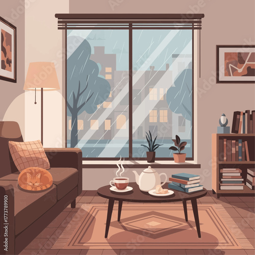 home interior, tea set, books, cat on sofa, rainy window view