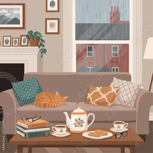 home interior, tea set, books, cat on sofa, rainy window view