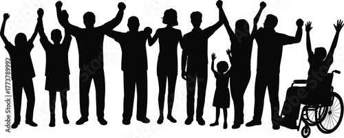 Group of diverse people silhouettes raising hands in unity and celebration, including disabled person in wheelchair, community equality conc of diverse people silhouettes raising hands in 