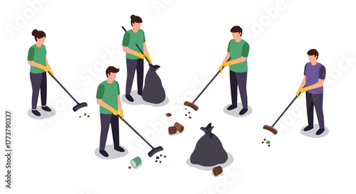 Community volunteers collecting trash in isometric style