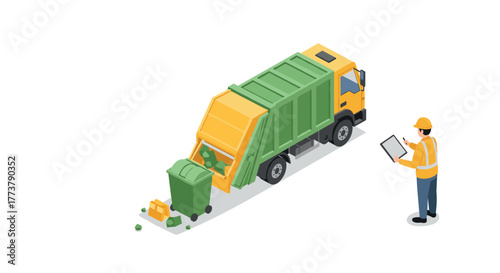 Isometric garbage collection scene with worker managing waste disposal