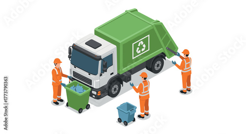 Isometric recycling truck with workers collecting waste for environmental sustainability