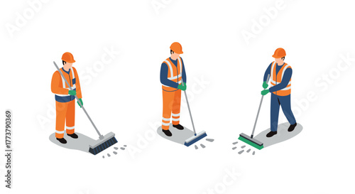 Isometric road workers sweeping in safety uniforms on white background