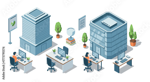Modern office workspace scene with isometric buildings and workstations