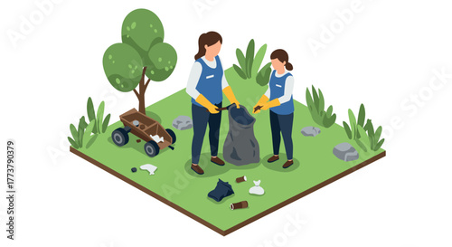 Isometric scene of volunteers cleaning park: teamwork in nature with eco-friendly mission