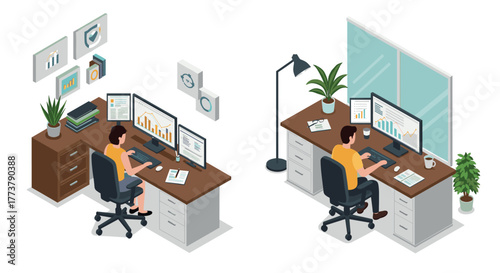 Isometric office workspace with two programmers analyzing data on dual monitors