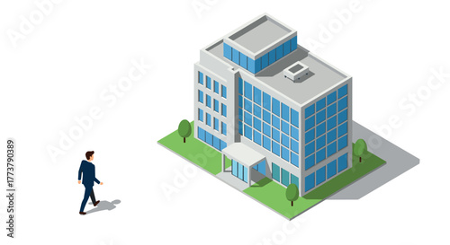Isometric office building with businessman approaching on white background