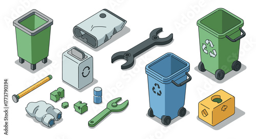Isometric recycling tools and bins for eco-friendly waste management
