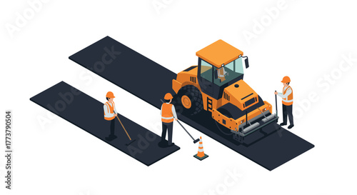 Road construction scene with workers and paver in isometric style