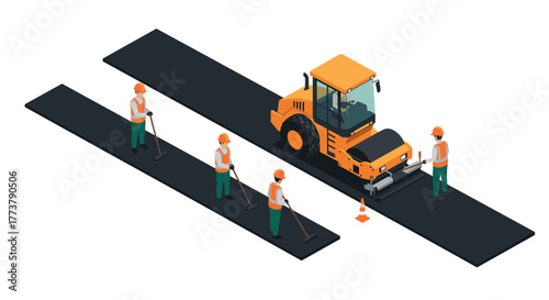 Isometric road construction scene with workers and asphalt paver