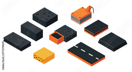 Isometric construction materials set featuring asphalt and industrial components