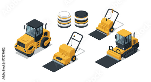 Construction equipment isometric set featuring rollers and road materials
