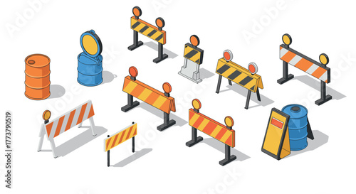 Diverse traffic barrier collection in vibrant isometric design concept