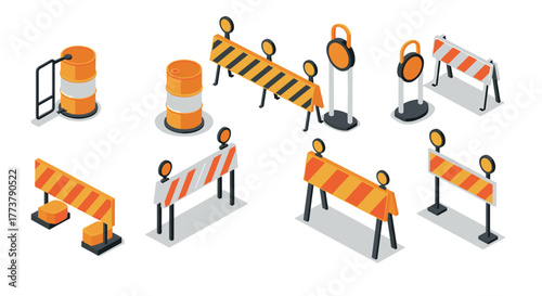 Set of isometric construction barriers and orange traffic cones for safety