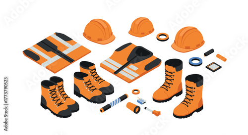 Isometric construction equipment kit with safety gear and tools in orange