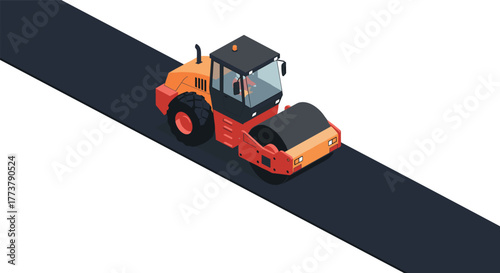Isometric road roller on asphalt pathway with orange construction vehicle