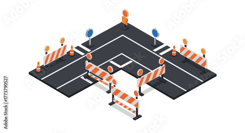 Isometric road construction scene with barriers and cones