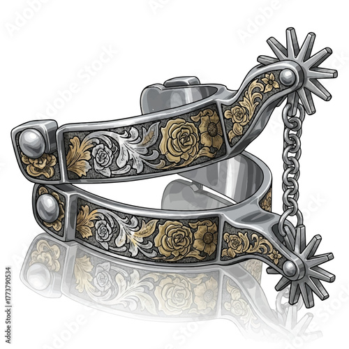 a decorative pair of shiny metal spurs with engraved floral motifs, captured artistically