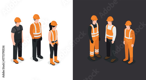 Isometric construction workers in safety gear: day and night scenarios