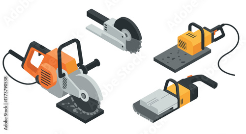 Isometric power tools set: circular saw, concrete cutter, grinder, sander
