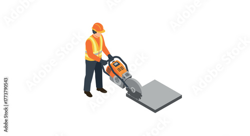 Construction worker operating power saw in isometric style