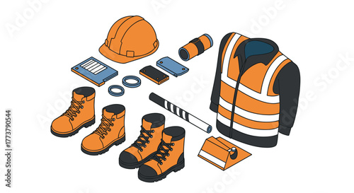 Isometric construction equipment set with safety gear and tools
