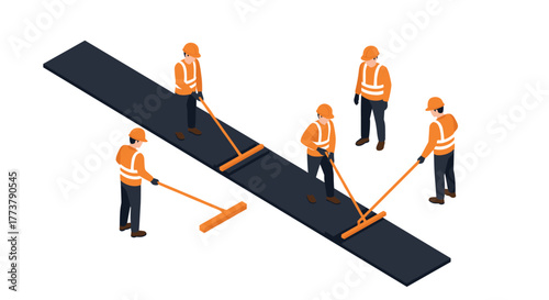 Isometric construction workers paving road with safety gear