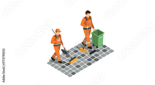 Isometric street cleaners in orange uniforms with broom and trash bin on tiled pavement