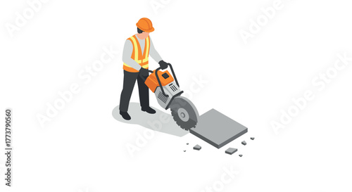 Construction worker using concrete saw in isometric style for roadwork and safety