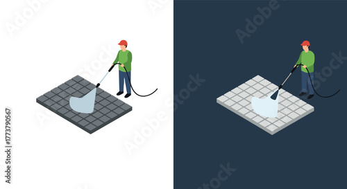 Isometric cleaning worker power washing pavement blocks in day and night settings