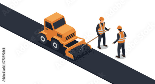 Construction workers paving road with heavy equipment in isometric style