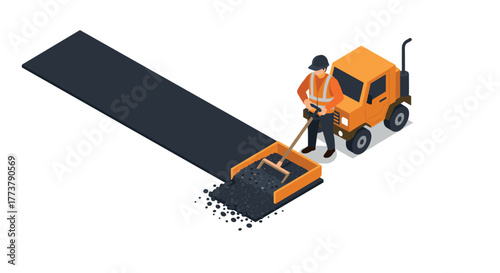 Isometric road construction worker operating asphalt paver on construction site
