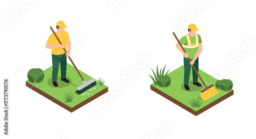 Isometric garden workers with rakes and brooms on green patches