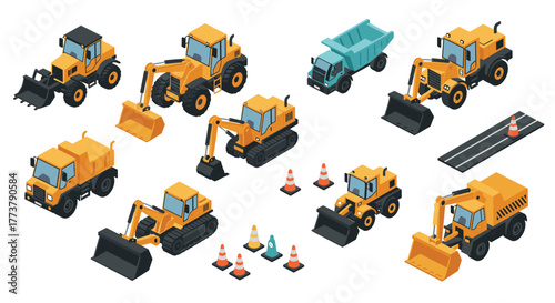 Isometric construction vehicles and equipment set with detailed machinery and tools