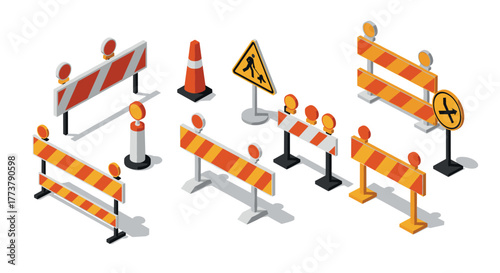 Isometric construction barricades and traffic signs collection