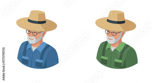 Isometric elderly farmer avatars in blue and green outfits with straw hats