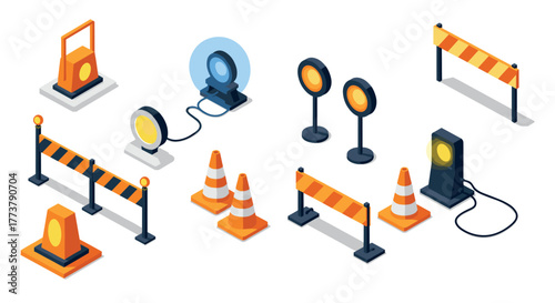 Isometric traffic barricades and cones with safety lights on white background