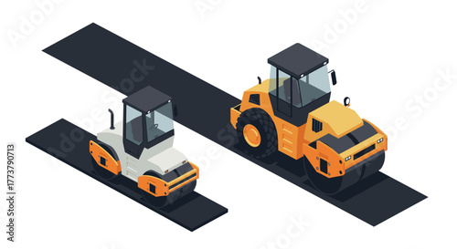 Isometric road construction equipment: asphalt rollers on freshly paved surface