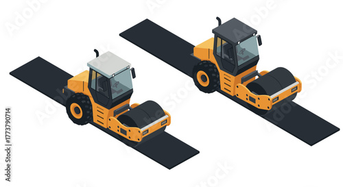 Isometric road rollers on asphalt in construction scene