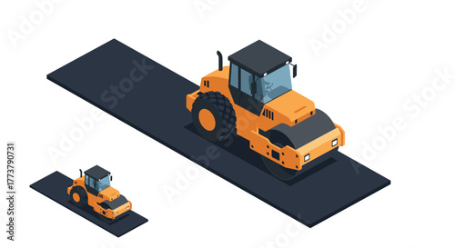 Isometric road roller on asphalt path for construction projects